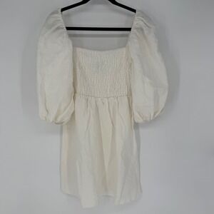 TUCKERNUCK ANNIE SMOCKED MINI DRESS 100% LINEN EGGSHELL WHITE SMALL VACATION